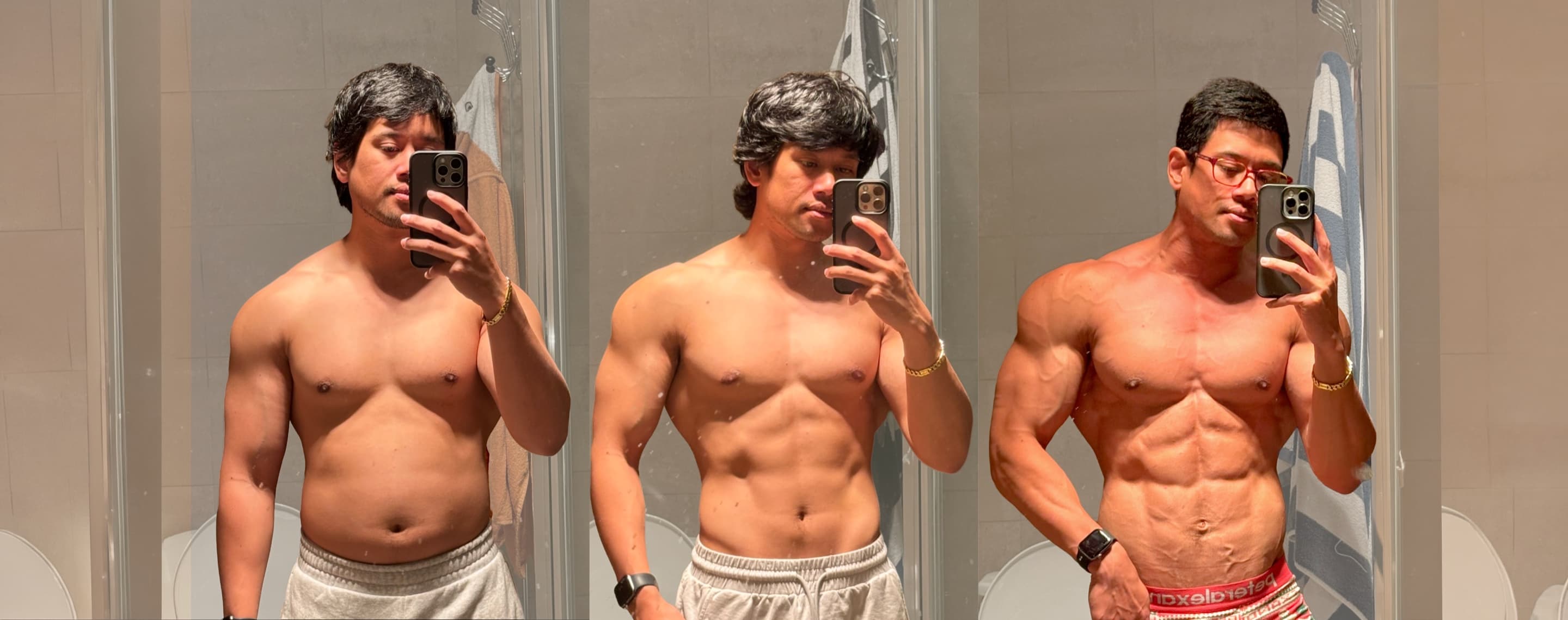 Three-stage physique transformation — from soft, to lean, to stage-conditioned